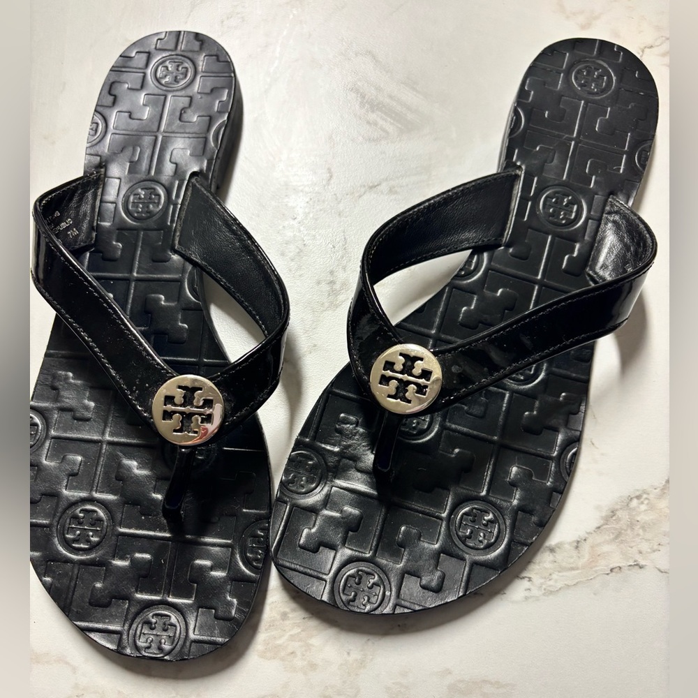 Tory Burch Black Sandals with Embossed Logo